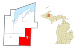 Location within Baraga County (red) and the administered CDP of Three Lakes (pink)