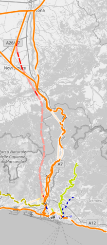 Terzo valico (tratteggiato in rosso) confrontato con la linea ferroviaria corrente (arancione)