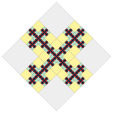 Variation on 4-flake, edge-centered with child polygons, first 5 iterations, generates a Vicsek fractal.