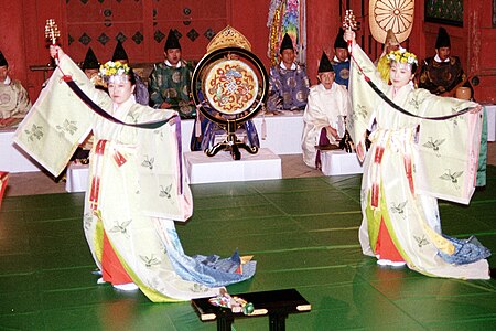 Two miko perform with kagura suzu.