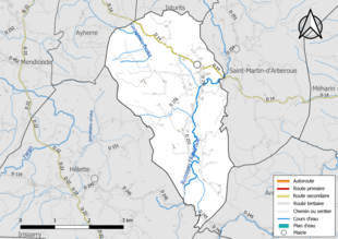 Carte en couleur présentant le réseau hydrographique de la commune