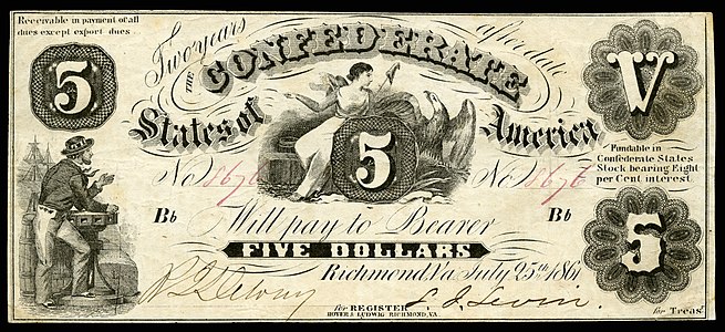 Five Confederate States dollar (T11), by Hoyer & Ludwig