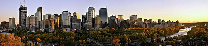 View of downtown Calgary, Canada, as seen from Crescent Heights bluff during sunset.
