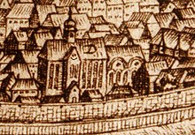 Extract from an engraving showing a fairly high church in a city.