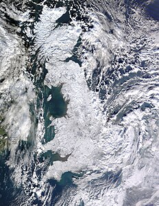 Great Britain covered in snow at European winter storms of 2009-10, by NASA