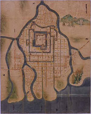 1644年ごろの広島の地図。元安川および「猫屋川」（旧太田川）に囲まれた洲の先端部が中島地区。地図上の中程を横断する西国街道が通り、「町人町」および寺の敷地によって占められていることが示されている。