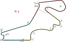 Track layout of the Istanbul Park circuit. The track runs anticlockwise and has fourteen corners, varying from sharp hairpins to the long sweeping eighth turn. The pit lane entry is located between turns thirteen and fourteen and the pit lane exit is located between turns one and two.