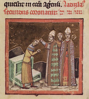 Chronicon Pictum, Hungarian, Hungary, King Ladislaus III, crown, coronation, bishops, throne, medieval, chronicle, book, illumination, illustration, history