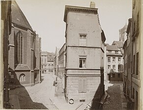 Nikolaiviertel omkring år 1880, vy mot Eiergasse. Till vänster Nikolaikyrkan.