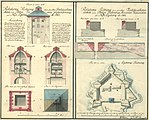 Relationsritning över utfört arbete (rödmarkerat) på Nya Älvsborg 1767, framförallt takarbete på tornet, och murarna på bastion Nordstiernan. Järnankare är markerat med mörkblått, även järnstegen upp till lanterninen i torntaket.