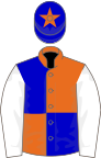 Orange and blue (quartered), white sleeves, blue cap, orange star