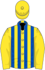 Yellow and royal blue stripes, yellow sleeves and cap