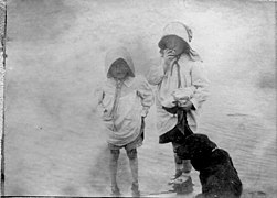 Blanche and Alice Riddell with dog Buster, 1908 at Bodega Bay