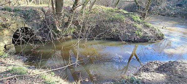 Confluence de l'Ambos et de la Midouze à l'ouest de la station d'épuration de Jouanas. Le ruisseau Ambos prend sa source à l'étang du rond-point, route de Sabres. Il traverse la chemin de halage via un pont-tunnel en pierre coquillière d'une dizaine de mètres. Les anciens montois appelle l'endroit « pont rouge », en souvenir d'un crime de sang qui s'y serait produit.