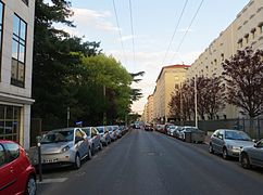 Le segment central (et point le plus élevé) de la rue depuis le n°68, en regardant vers l'est.