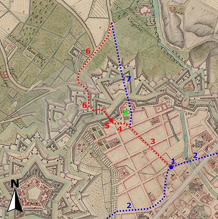 Figure 2 : État en 1717 1 Ancienne porte Saint-Pierre 2 Anciens remparts 3 Nouvelle rue Saint-André 4 Idem (ancien chemin de Lambersart) 5 Porte de Saint-André 6 Route d'Ypres déviée 7 Tracé abandonné de la route d'Ypres 8 Ancienne église Saint-André