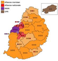 Carte figurant les sièges obtenus dans chaque circonscription par les partis.