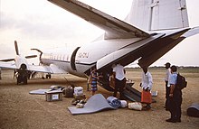 The US epidemiologic team after having landed at Lodja Airport - DRC 1997