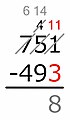 Working from right to left: 11 − 3 = 8