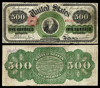 Five-hundred-dollar United States Note from the series of 1862–63 at Greenback (money), by the American Bank Note Company