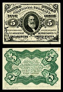 Third issue of the five-cent fractional currency, by the United States Department of the Treasury