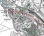 Spårvägsnätet under 1920- och 1930-talen. Röd=Linje 1,grön=Linje 2, blå=Linje 3