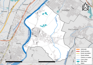 Carte en couleur présentant le réseau hydrographique de la commune