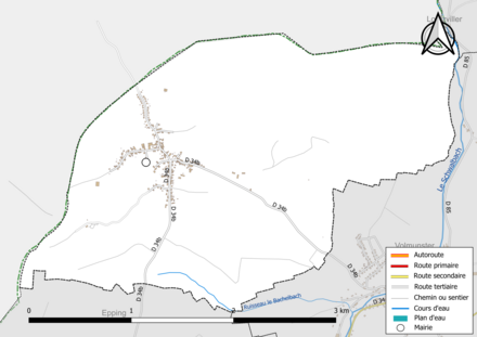 Carte en couleur présentant le réseau hydrographique de la commune