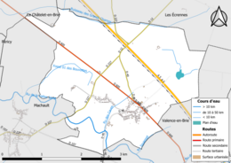 Carte en couleur présentant le réseau hydrographique de la commune