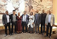 From left: Mandla Mkhwanazi, Javed Malik, Slauzy Mogami, Dr Iqbal Survé, Lizeka Matshekga, Mvuleni Qhena, Irvindra Naidoo and George Sebulela, pose for a photograph after meeting in Sandton, Gauteng.