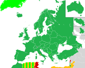 Map of countries in Europe, North Africa and Western Asia, with a cut-out of Australia in top-right corner; countries are coloured to indicate contest participation and eligibility: countries which have entered at least once are coloured in green; countries which have never entered but eligible to do so are coloured in yellow; countries which intended to enter but later withdrew are coloured in red; and countries which competed as a part of another country but never as a sovereign country are coloured in light green.