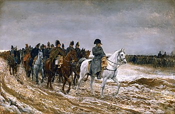 Painting shows a frowning Napoleon leading his generals and staff, all on horseback, along a muddy road. In the background the infantry march under gray skies.