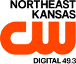 The CW logo in orange. Above, on two lines, the words Northeast and Kansas in black, and below in smaller text, Digital 49.3, all right-aligned.