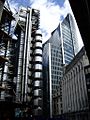 The Lloyd's building is flanked by the Willis Building, as viewed from Lime Street (July 2007)