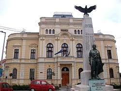 Mezőberény town hall, WWI, WWII and István Horthy memorial with Turul bird