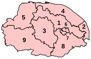 Numbered map of the parliamentary constituencies of Norfolk created by the 2007 boundary review and first used at the 2010 UK general election.