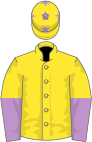 Yellow, purple and yellow halved sleeves, yellow cap, purple stars