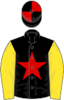 BLACK, red star, yellow sleeves, black and red quartered cap
