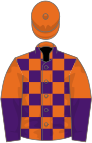 Orange and purple check, halved sleeves, orange cap