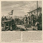 L'île est prise très rapidement après un assaut mené l'épée au poing par d'Estaing. Dès le 6 juillet la garnison anglaise capitule (Gravure de Nicolas Ponce).