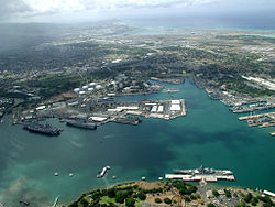 An aerial view of ships moored at Pearl Harbor during Rim of the Pacific (RIMPAC) Exercise 2004.