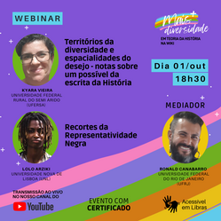 Arte de divulgação do webinar do evento Mais Diversidade em Teoria da História na Wiki que ocorre no dia 1º de outubro de 2024 às 18h30min BRT.