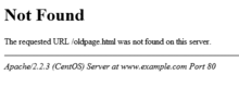 Página de error 404 que lee: «The requested URL /oldpage.html was not found on this server»