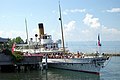 O vapor com rodas de pás Montreux da CGN (Compagnie Générale de Navigation sur le lac Léman) em visita à Evian-les-Bains (França) em julho de 2002.