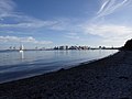 The nudist beach with a view to the south and the city's skyline on a summers eve.