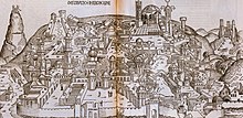 איור של ירושלים החרבה, ובמרכזה בית המקדש עולה בלהבות. חתוך עץ מאת וולגמוט, מתוך ספרו של הרטמן שדל, 1493