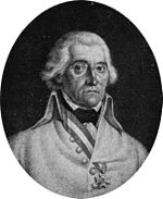 Black and white print of a man with round eyes and white hair. He wears a white military uniform with a single decoration.