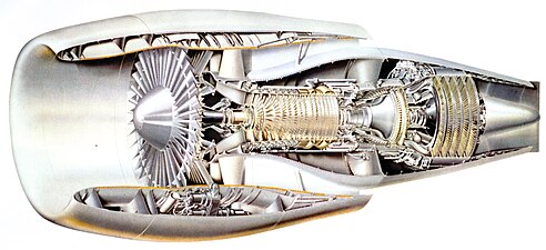 General Electric CF6-6 engine. Aerodynamic loads on the inlet cowl (left) are highest at high angles of attack during take-off rotation and climb. The air approaching from below[139] has to turn into the engine inlet and the force required to change its momentum is reacted as an upwards force on a CF6-50 inlet of about 4 tons.[140] The inlet is bolted to the fan case and the bending moment is transferred inwardly through the struts shown into the core casing.