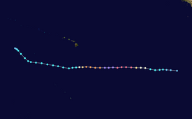 Track map of a major hurricane that starts over the eastern Pacific Ocean, heading due west for most of its duration. It bypasses Hawaii, located at the center of the image, to the south before shifting northwest and ending over water.