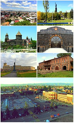 From top left: Gyumri skyline • Mother Armenia Cathedral of Gyumri • Sev Berd Fortress Independence Square • Dzitoghtsyan Museum Vartanants Square and Gyumri City Hall